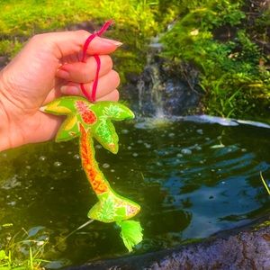 Vtg Palm Tree Ceramic Christmas Ornament Pink Green Glass Artisan Hand Painted